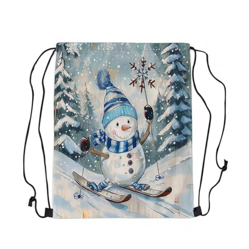 jejeloiu Snowman Drawstring Backpack for Merry Christmas Drawstring Bags 13"x15.7" Merry Christmas Tree and Snowman Sports Drawstring Sackpack Wooden Waterproof Cinch Bag2