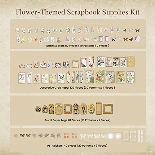 Vondyu 260 Pieces Vintage Scrapbook Supplies Kit, Retro Aesthetic Decorative Craft Paper & Stickers For Junk Journal, Diy Photo Album, Planners, Collage, Picture Frames (Flower Theme) #TOP5