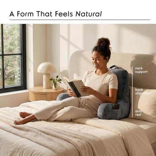 Image of Nestl Reading Pillow with Shredded Memory Foam, Designed for Sitting Up in Bed and Couch, Back and Arms Adjustable Support for Adult & Teens Backrest Pillows for Reading, with Washable Cover Dark Grey