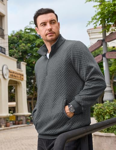 Vssjavun Mens Quarter Zip Pullover Quilted Sweatshirt Long Sleeve Casual Stand Collar Pullovers with Pockets3