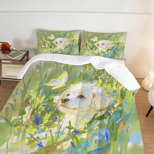 Image of Cute Dog Comforter Set Full Size Pet Puppy Animal Bedding Sets for Girls Boys Kids Adults Bedroom Decor Green Watercolor Quilt 1 Comforter 2 Pillowcases