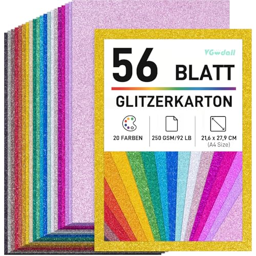 VGOODALL Glitzerpapier zum Basteln, 56 Blatt A4 20 Farben 90lb/250g/m² Glitzer Kartonpapier, Buntes Bastelpapier für Weihnachtskarten, Weihnachtsdeko, Geschenkverpackung und DIY Handwerk