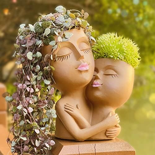 SUQEFAN Large Double Face Planters Pots Head Planter for Indoor Plants, Heads Flowerpot Vase, Unique Female Statue Flower Pots with Drainage Hole for Succulents Outdoor, DIY Gifts for Mom(Brown)