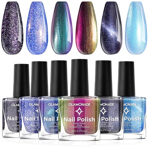 Glamonade Holographic Nail Polish Set : 6 Colors Chameleon Glitter Dark Blue Sparkle Black Summer 7+day Long Lasting Shimmer Metallic Fingernail Polish kit Air Quick Dry Home DIY Manicure for Women