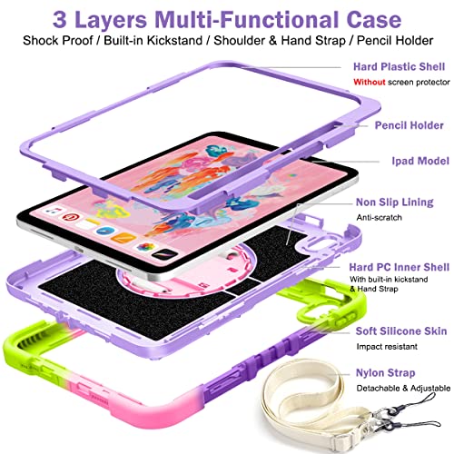Hocase For Ipad 10Th Generation Case 10.9" 2022, With Pencil Holder/360 Rotation Stand/Hand Strap, Heavy Duty Shockproof Rugged Soft Silicone Hard Protective Case For Kids, Girls & Women - Rainbow #TOP4