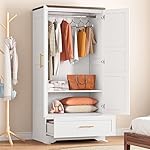 IRONCK Wooden Armoire Wardrobe Closet, 71" Tall Wardrobe Cabinet with Drawer and Door, Bedroom Wood Clothes Storage Cabinet with Hanging Rod and Shelves, White - Image 2