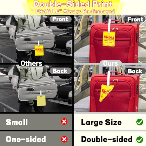 2 Pcs Fragile Luggage Tags for Baggage Bright Double Side Travel Bag Tag for Women Men Suitcases Carry-on Handbag – 5 x 4 Inches Big and Bright Size - Easy to Spot3
