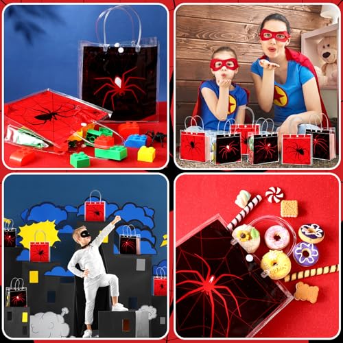 Image of Teenyyou 24 Pcs Spider Party Favor Bags Bulk Spider Web Clear PVC Goodie Reusable Transparent Treat Snack Cookie Candy Bags with Handles for Birthday Party Supplies