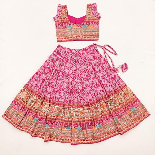 Image of E-Sqare Kids Girls Multicolour Bandhani Print Lehenga Choli Set | Ethnic Wear Dress | Readymade Clothing Set | 2 to 8 Years