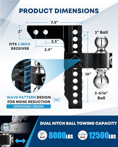 Image of Kohree Adjustable Trailer Hitch Fit 2 Inch Receiver, Dual Solid Ball 2 inch and 2-5 /16 inch(12,500 LBS GTW), 10 inch Drop & Rise Heavy Duty Aluminum Tow Hitch with 4 Silencer Pads & 2 Locking Hitch Pin, Black