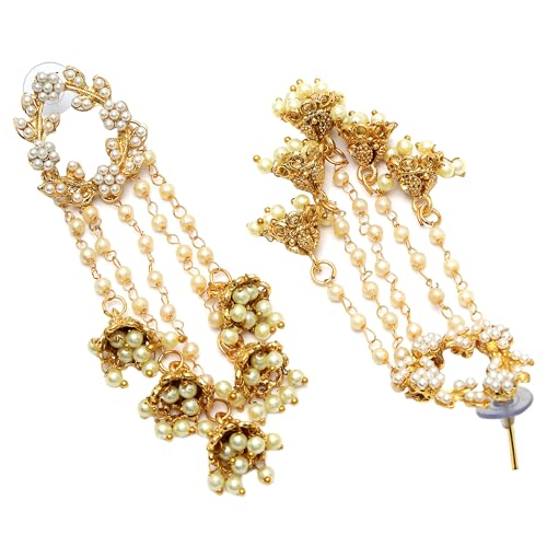 Image of Zeneme Earring Gold Plated Beaded Handcrafted Bahubali Inspired Devsena Jhumka Fringed Dangle Jewellery For Girl And Women