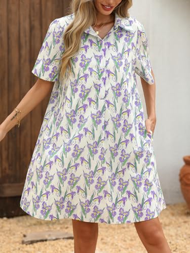 Image of LifeShe Summer Floral Dress Women's Printed Casual Sundress Short Sleeve Button Up Shirt Dresses with Pockets