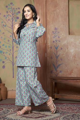 Image of DHRUVI TRENDZ Womens Rayon Co-ord Set Regular Fit Kurta Set 1 (DT-K-W1704&TR797 Light Green L)