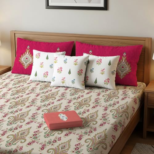 Image of Urban Space Divine 144TC 100% Cotton Printed Bedsheet for Double Bed, Double Bed Sheet Cotton with 2 Pillow Covers and 3 Cushion CoversWith Giftbox (Motif Red - High Garden Red, Size 88 X 100 Inches)