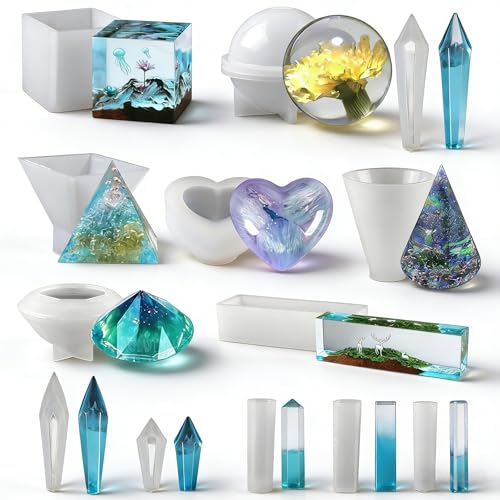 Epoda 13 Stück Epoxidharz Formen Sphärische Kubische Pyramide Kristal Resin Silikonform Silicone Gießform Resin DIY Harz Formen