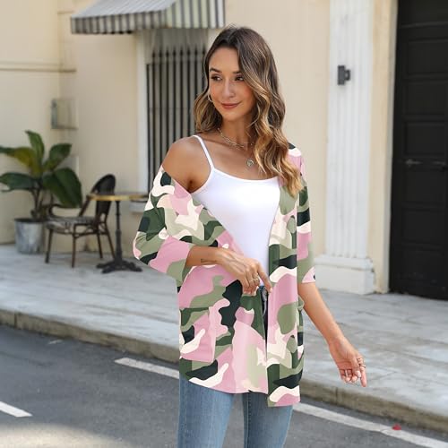 Womens Lightweight Cardigan Trendy 3/4 Sleeve Loose Open Front Cardigans with Pockets Floral3