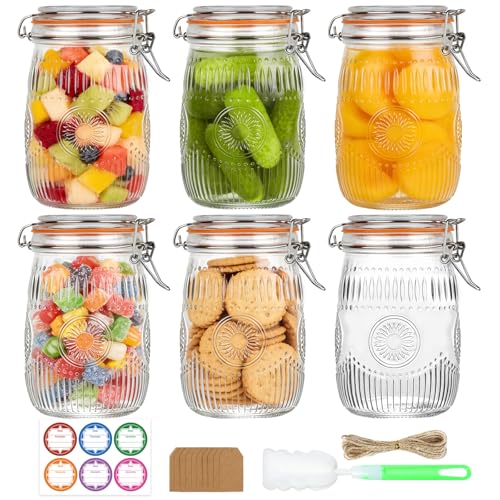 HAYHOI 32 oz Glass Jars with Airtight Lids 6 Pack Wide Mouth Mason Jars