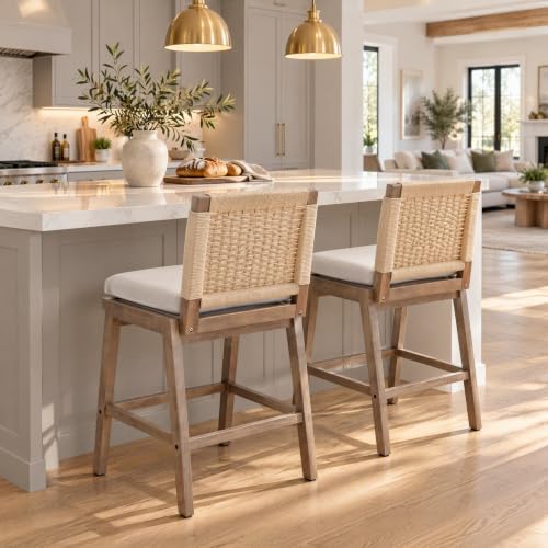 Image of 27 inch Woven Linen Counter Stools Set of 2, Beige