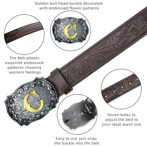 Image of Men Cowboy Belt, Western Cowgirl Big Letter Buckle Belts | Longhorn Bull Strap for Jeans Pants, Faux Leather Embossed Floral County Waistband