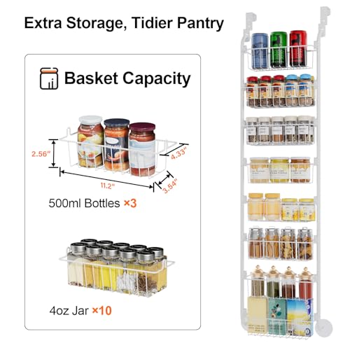Image of Delamu Narrow Over The Door Pantry Organizer, 8-Tier Metal Pantry Door Organization and Storage for Easy Install, Hanging Spice Rack Shelves, Door Organizer for Kitchen, 4.65 inchD x 13 inchW x 65 inchH, White