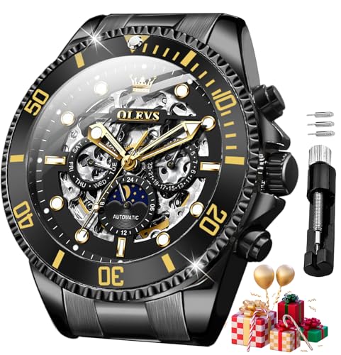 Image of OLEVS Men Automatic Watch Diamond Skeleton Mechanical Luxury Self Winding Moon Phase Calendar Waterproof Wrist Watch for Men