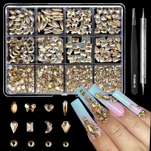Cycullinyt 1660Pcs Champagne Nail Art Rhinestones: 8 Types of Multi Shapes Diamonds + 4 Sizes Flatback DIY Crafts Rhinestone Crystals 3D Glass Stones Set + Tweezer + Pickup Pen