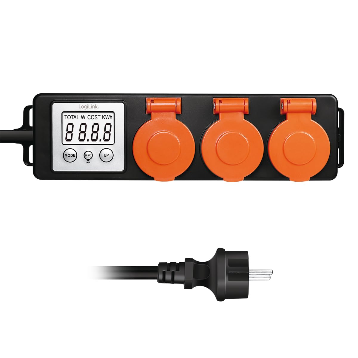 LogiLink EM0008 – listwa zasilająca z 3 gniazdami zewnętrznymi, z miernikiem kosztów energii, LCD 2,0" i klapkami ochronnymi
