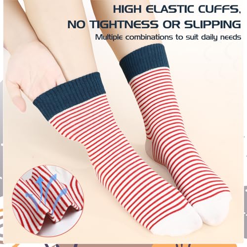 Image of Jspupifip 6 Pairs Womens Strip Crew Socks Cute College Style Ribbed Socks | Combed Cotton, Elastic Ribbed, Retro Stripe, for Work, Commuting, Shopping, Dating, Birthday, Sports, Home, Office