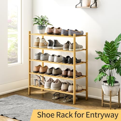 Image of 5-Tier Bamboo Shoe Rack for Entryway, Stackable | Heavy Duty | Multi-Function, Free Standing Shoe Racks for Bedroom Hallway Closet