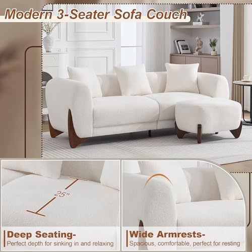 Image of 87 inch Sherpa Boucle Cloud Couch with Ottoman, Modern 3 Seater Sofa with Solid Wood Legs 25 inch Extra Deep Seat Comfy Thick Cushion Upholstered Sofa Couches with 3 Pillows for Living Room, White