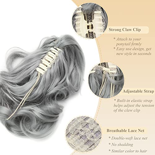 Gairyan 12" Clip in Ponytail Hair Extensions Curly Ponytail Extension Claw on Pony tails Wavy Synthetic Hairpieces for Women Real Look Short Wave (Dark Gray) - Image 3