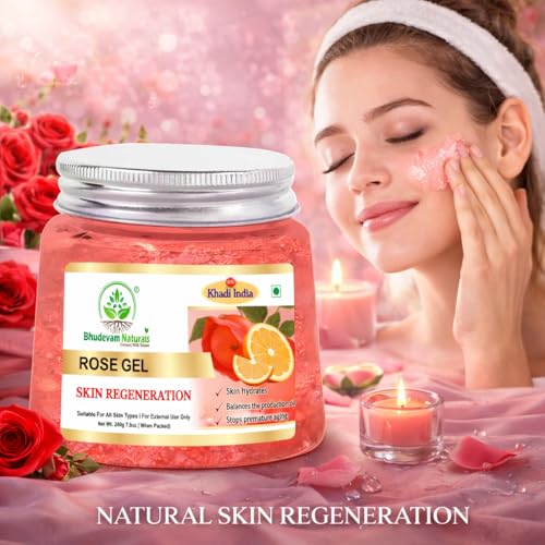 Image of Khadi Rose Gel - Calming & Rejuvenating Skin Treatment, Perfect for Acne Scars & Dry Skin Relief | Natural Herbal Rose Aloe Vera Gel for Face & Hair | Hydrating, Soothing & Moisturizing 100% Pure Natural Aloe Vera Gel for Dark Circles - 200GM