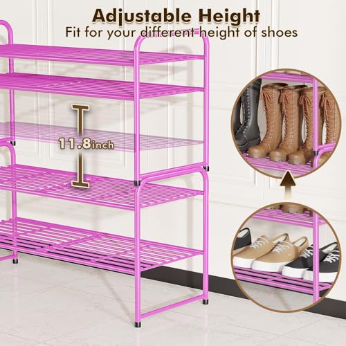 Image of 2 Pack Shoe Rack, 2-Tier Metal Stackable Shoe Shelf Storage Organizer, Heavy Duty Wire Shoe Stand for Entryway, Closet, Hallway, Holds 50 LBS, Pink