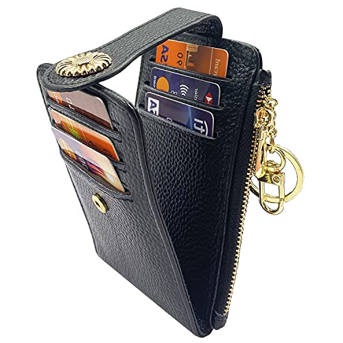 Yuhan Pretty RFID Credit Card Holder Wallets for Women Small Zipper Bifold Card Case Keychain (Lichee Black)