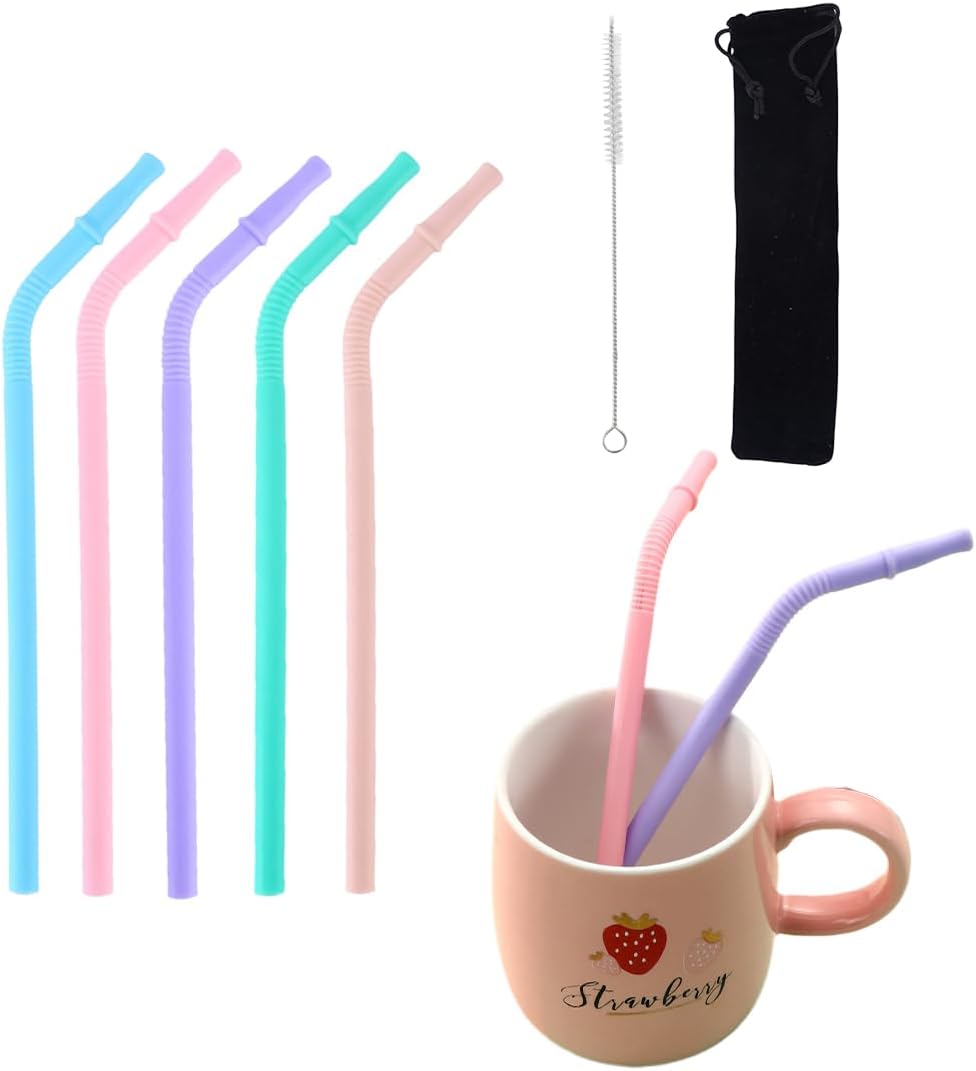 Silicone Straws, 5pcs Colorful With Cloth Bag and Cleaning Brush, Reusable Bendy for Kids - Safe, Kid Friendly, Easy to Clean