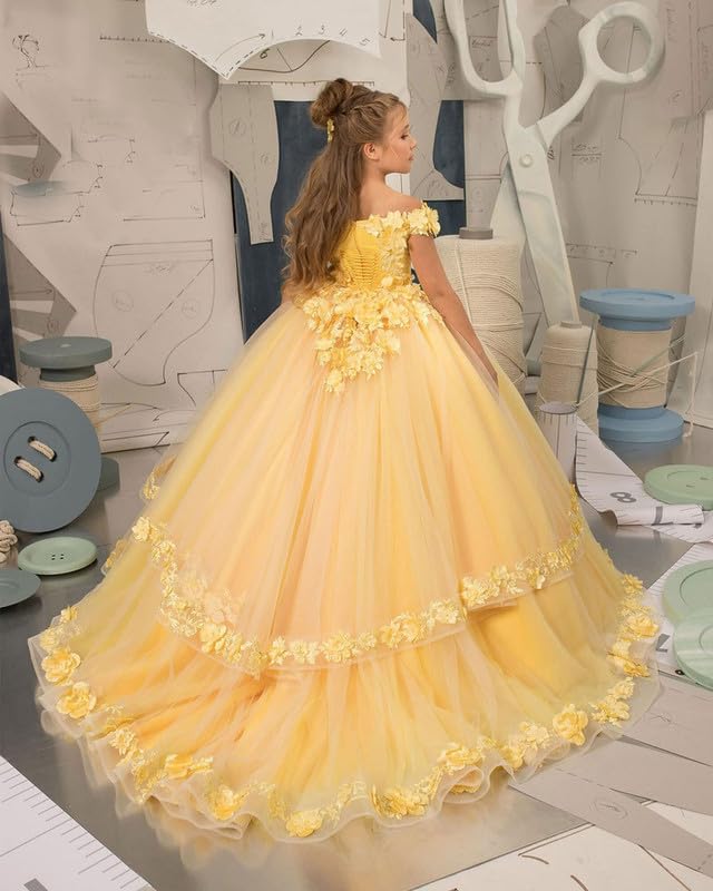 Flower Girl Dress Off Shoulder 3D Flowers Girls Ball Gown Tulle Long Pageant Dresses with Train2