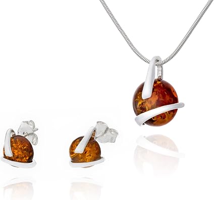 Small Womens Jewellery Set Amber 344, Polished Sterling Silver, Baltic Amber in Cognac Colour, Silver Pendant on Chain and Earrings