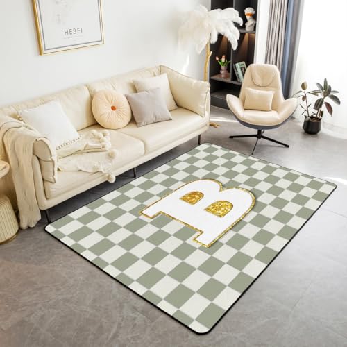 Image of Erosebridal Sage Green Checkered Area Rug 3x5 Plaid Initial B Living Room Rug Non Slip Personalized Monogram Carpet for Bedroom Kitchen Fashion Grids Gingham Indoor Floor Mat Non Slip