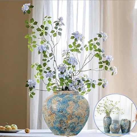 Rustic Ceramic Flower Vase, Tall 8.3in Small Vintage Blue Vase, Handmade Distressed Farmhouse Vase, Unique Pottery Clay Vase for Living Room Floor, Bedroom, Bookshelf, Dining Room, Home Decor Cover