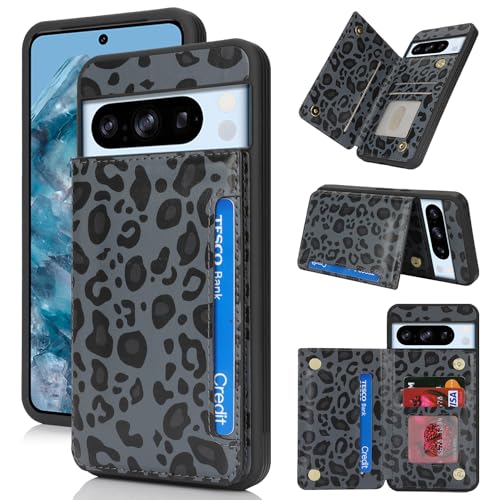 iCoverCase Compatible with Google Pixel 8 Pro Case with Card Holder Wallet Phone Case for Women Men [RFID Blocking] PU Leather Protective Wallet Case for Pixel 8 Pro (Black Leopard)