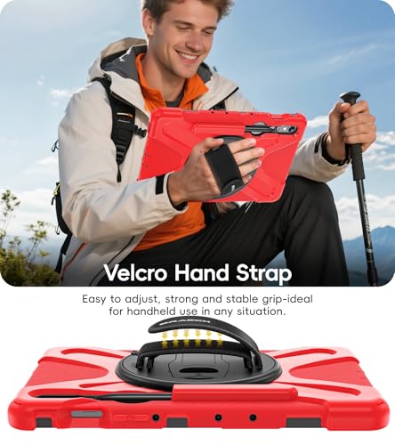 Image of BRAECN Case for Samsung Galaxy Tab S10 Lite / S10 FE / S9 FE 5G / S9 / S8 / S7 | 10.9 /11 inch Shockproof Heavy Duty Full Body Protective Cover with Hand Strap & Kickstand, Shoulder Strap, S Pen Holder Red
