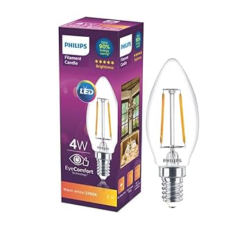 Philips 4-Watt 400-lumen Clear Candle E14 Base (Warm White) - Decorative, Ambience for Chandeliers, Wall lights, Desk lamps, Floor lamps