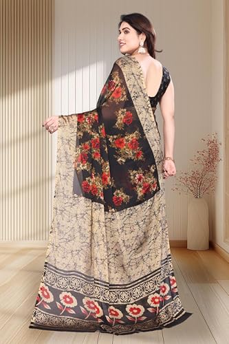 Image of SUPERLAXMI Women's Chiffon Floral Printed Saree with Blouse Piece