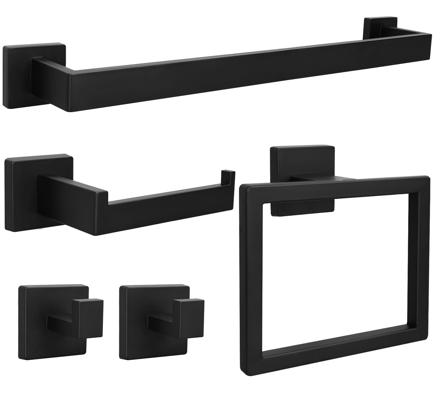 5pcs Bathroom Hardware Set, 24in Towel Bar Set, Including Square Towel Bar Square Towel Ring Toilet Paper Holder Towel Hooks, Set SUS304 Stainless Steel, Wall Mounted (5pcs, 24in, Black)