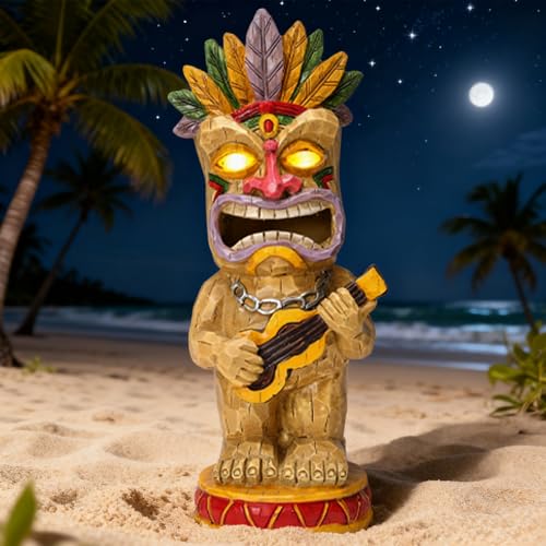 halpssfm Solar Tiki Garden Statue with LED Eyes Outdoor Resin Ukulele Player Yard Decor Solar Light Hawaiian Style Lawn Ornament for Patio Porch Tiki Bar Decor Best Gift for Tiki Lovers
