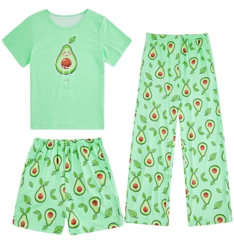 Fanient Mädchen Schlafanzüge Grüne Avocado Drucken Pyjama Dreiteiliger Pyjama Sets Kinder Kurzarm Nightwear Set 9-10 Jahre
