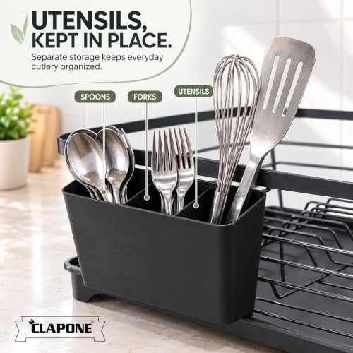 Image of CLAPONE 1 Tier Dish Drying Rack for Kitchen Countertop, Large Dish Drainer with Drainage Spout, Utensil Holder, Plate & Cup Storage Rack, Countertop Utensils Organizer Black (42x29x16 CM)