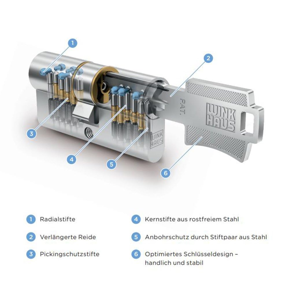 WINKHAUS keyTec VSX Doppelzylinder | Länge (mm): 40-30 | Schließ-Zylinder mit Pickingschutz & Anbohrschutz | Not- und Gefahrenfunktion | Patentschutz | 5 Schlüssel & Sicherungskarte |
