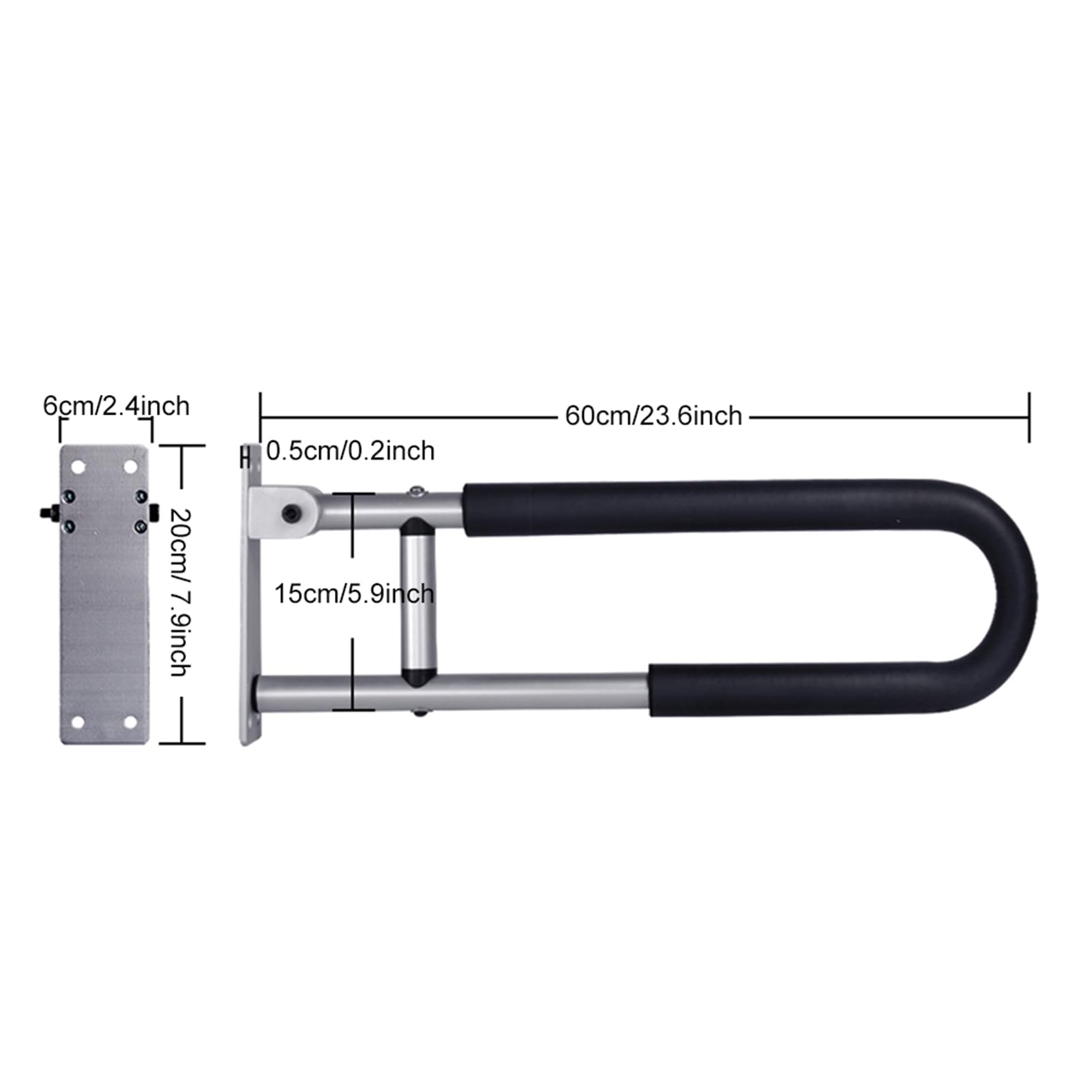 Pasamanos para inodoro, pasamanos abatible hacia arriba, antideslizante, caída, agarre de aleación de aluminio para personas mayores, baño, uso de cuidado de la salud en el hogar (Negro y Plata)