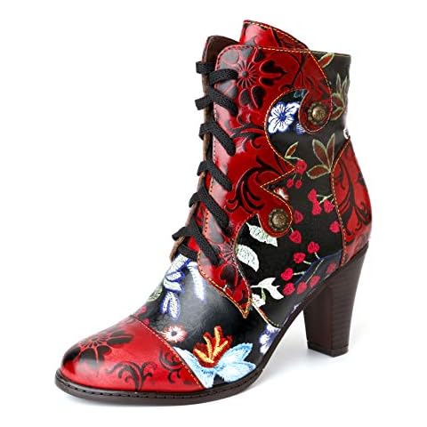 CrazycatZ Womens Leather Ankle Boots Block Heel Bohemian Splicing Pattern Colorful Bootie (Red, 5) Cover